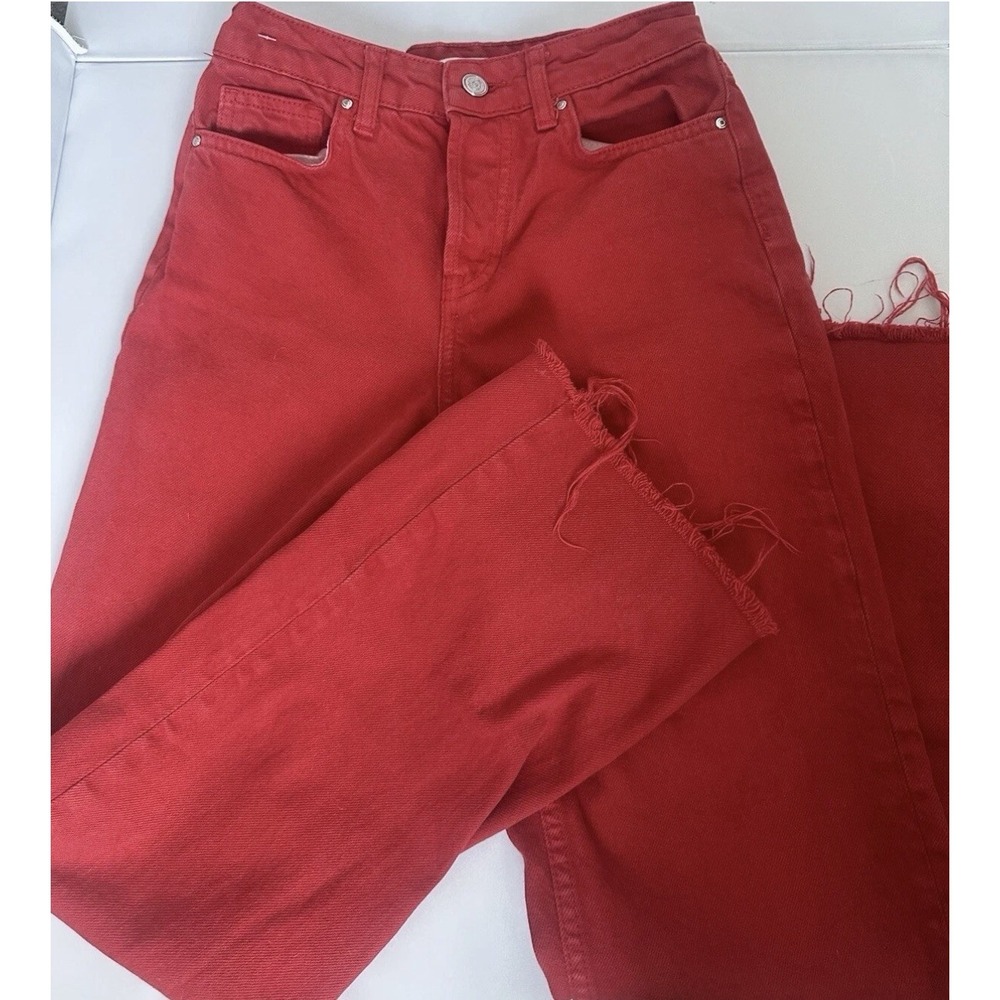 Zara Jeans Womens 8( 32x29) Red Denim The 90s Full Length Raw Hem Wide Leg Party